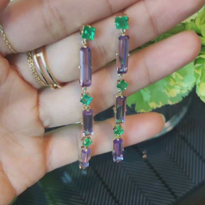 Amethyst & Emerald Cascade Bar Earrings