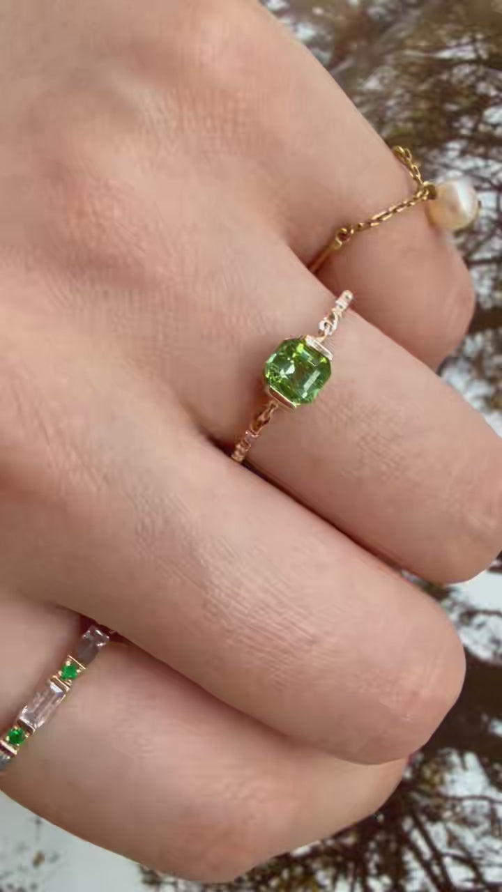 Green Tourmaline Petite Circle Diamond Ring 14k gold stackable ring 3 on model 2
