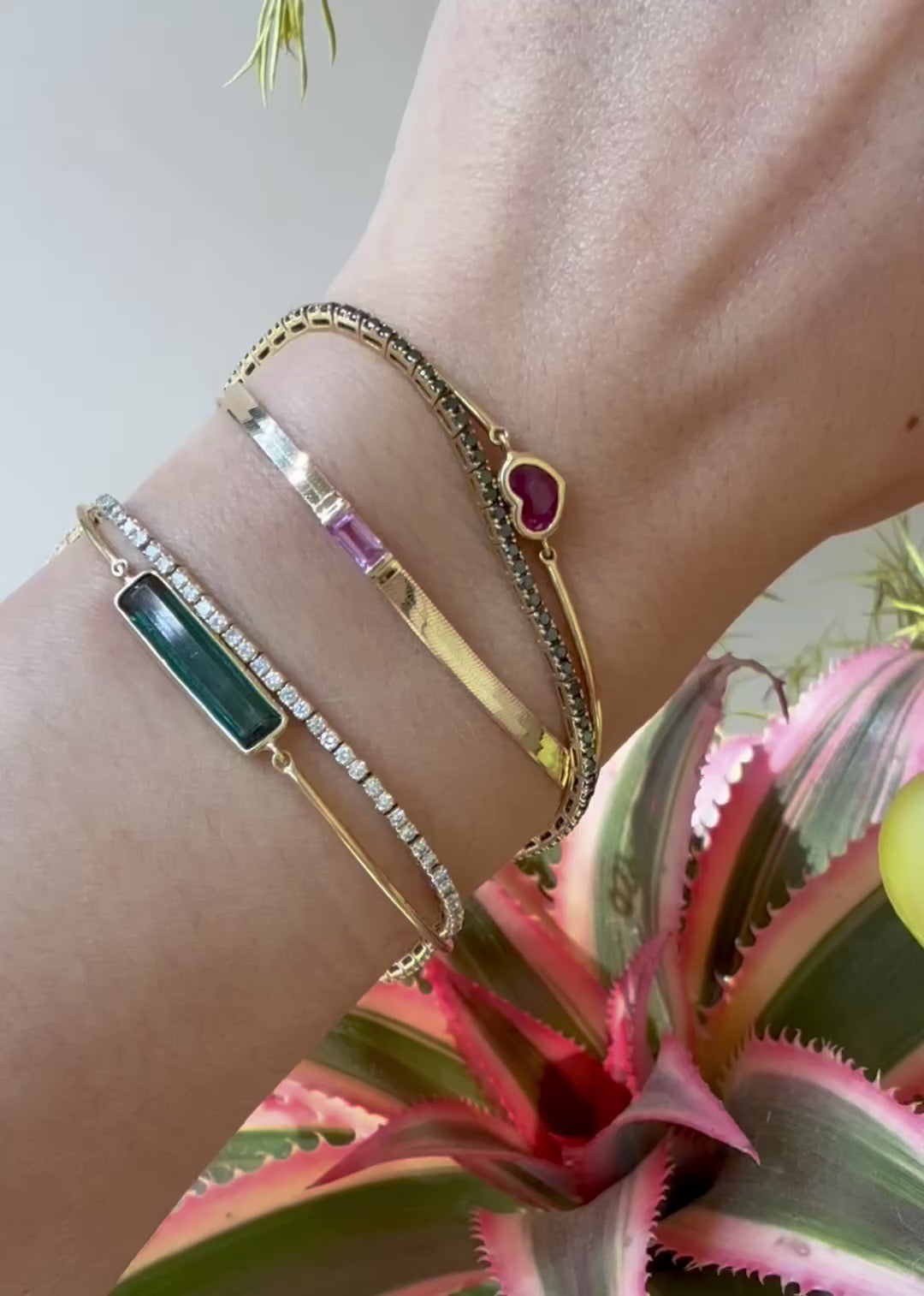 Pink Sapphire Bar Herringbone Bracelet 18k gold Stackable design 