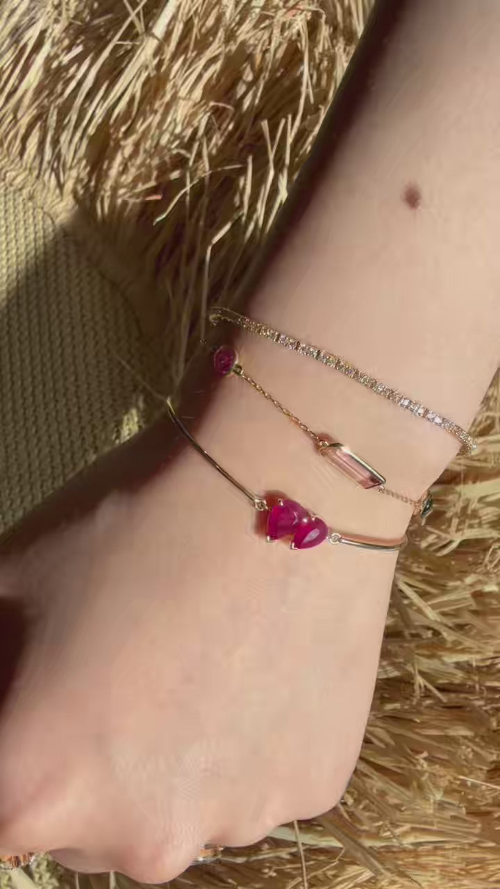 Ruby Double Pear Bangle 18k gold stackable design on model