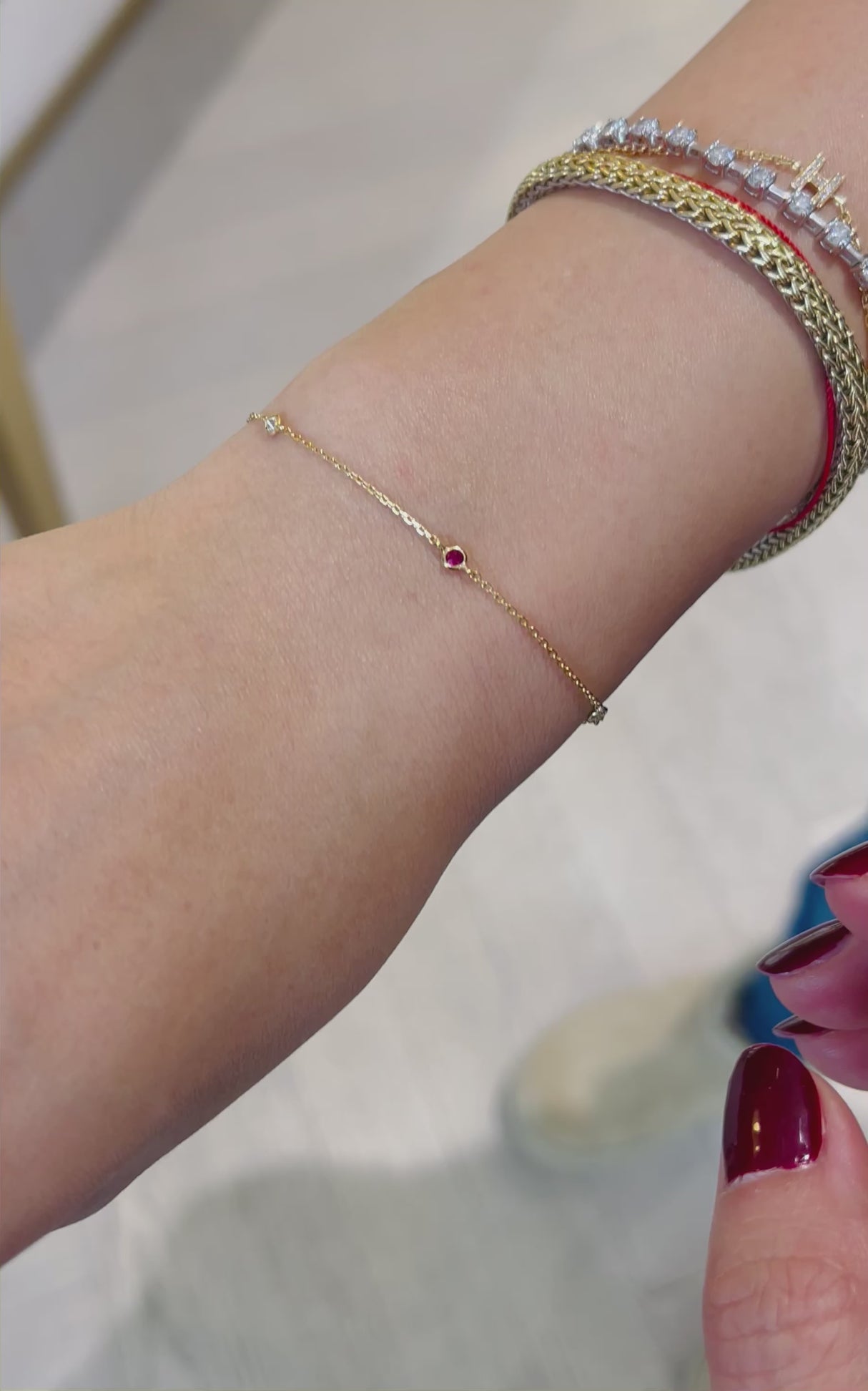 Petite Diamond & Ruby Dot Bracelet 18k gold stackable design
