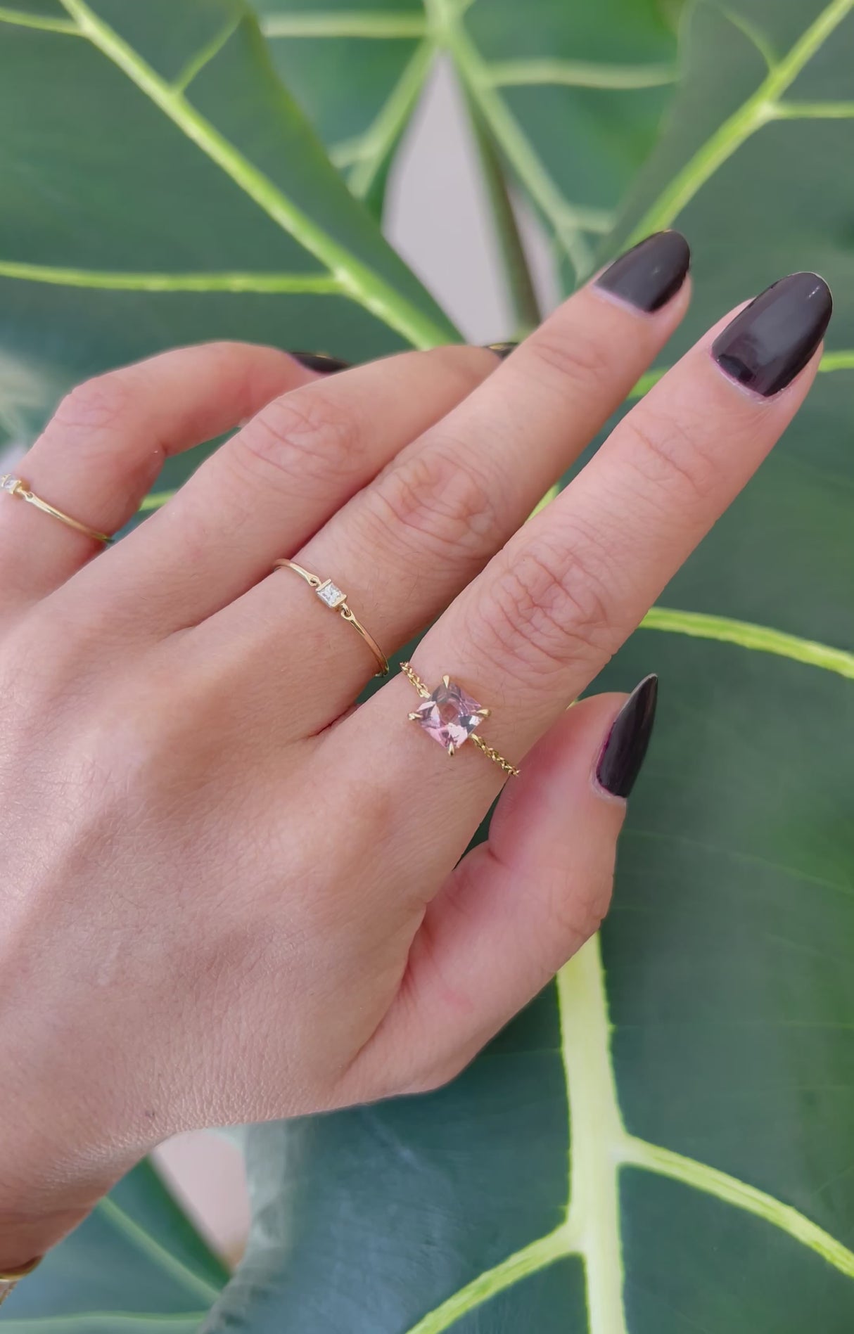 French Cut Pink Tourmaline Chain Ring 18k gold Stackable ring on model