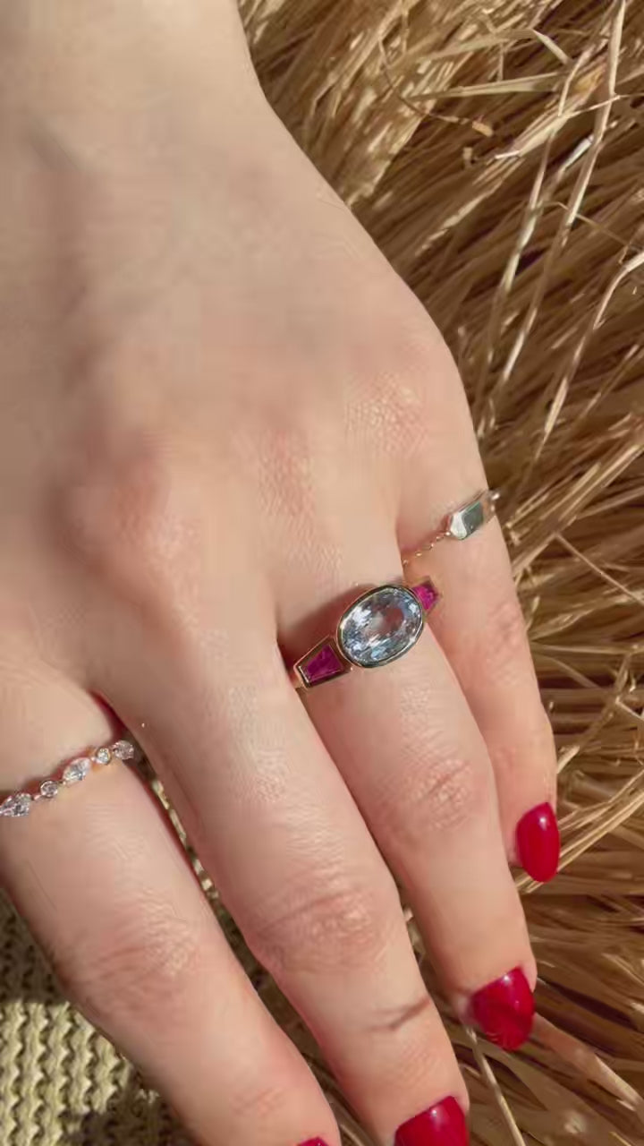 Sapphire & Ruby Triplet Ring 18k gold stackable ring on model