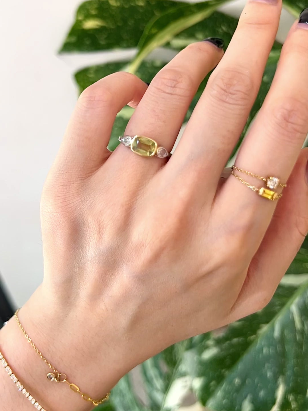 Yellow Chrysoberyl &  Rose Cut Diamond Ring 18k gold engagement ring on model