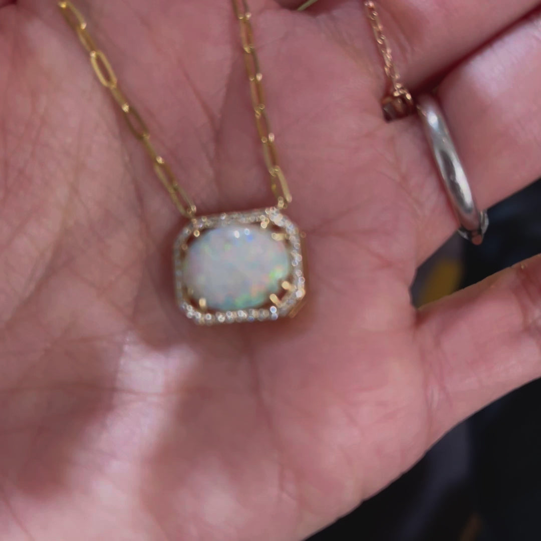 Opal & Diamond Portrait Necklace 18k gold handmade fine jewelry