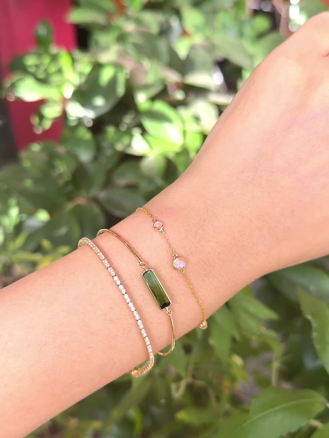 Bi-color watermelon tourmaline bangle 18K gold  stackable design 