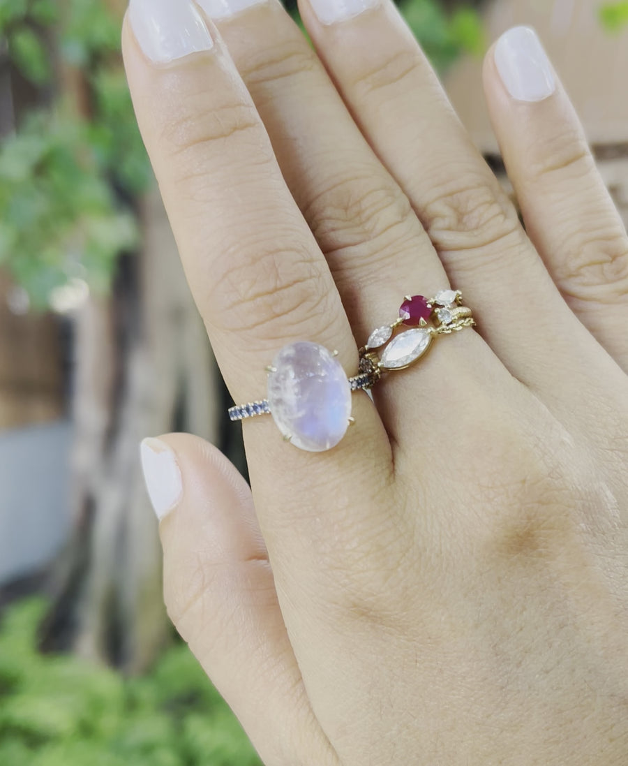 Rainbow Moonstone & Sapphire Globe Ring