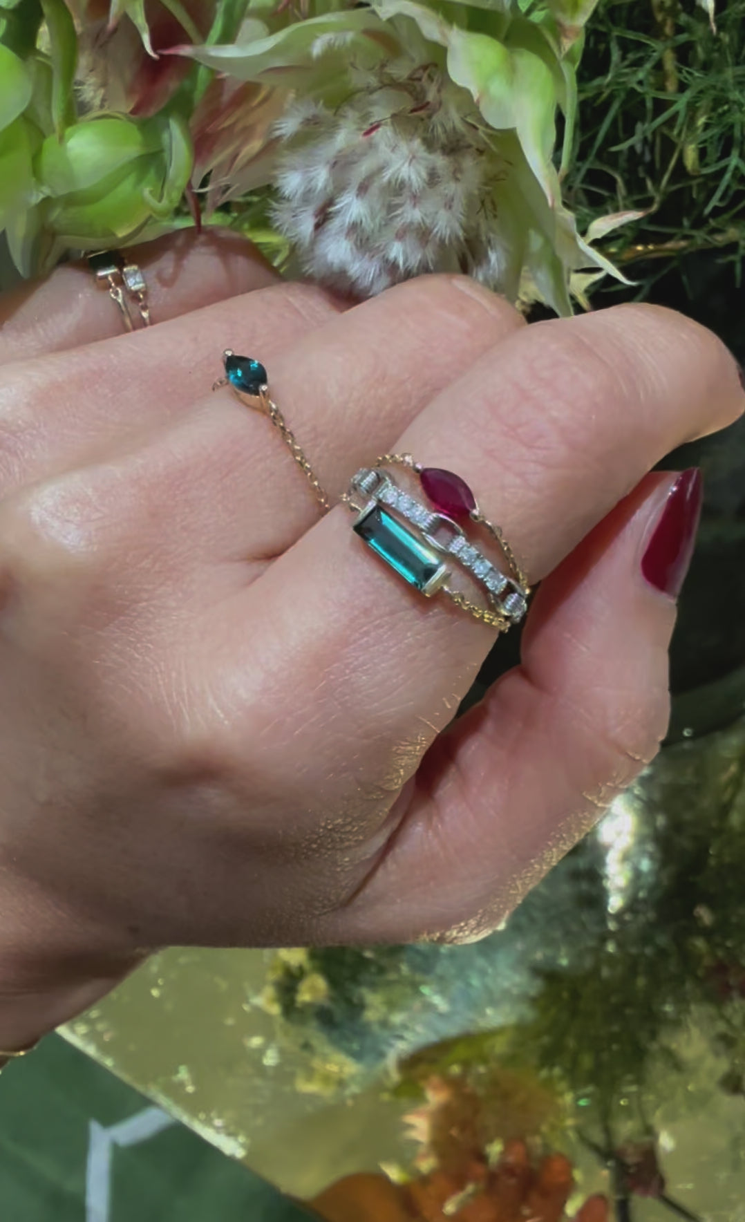 Ruby marquise Chain Ring 14k gold Stackable ring