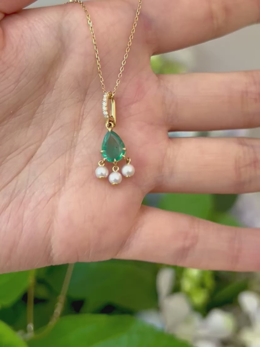 Emerald & Pearl Dewdrop Pendant Necklace 18k handmade fine jewelry