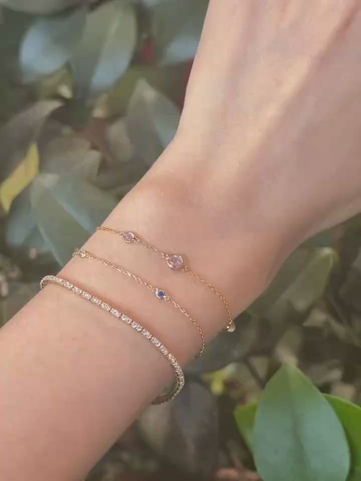 Petite Diamond & Sapphire Dot Bracelet 18k gold stackable design on model