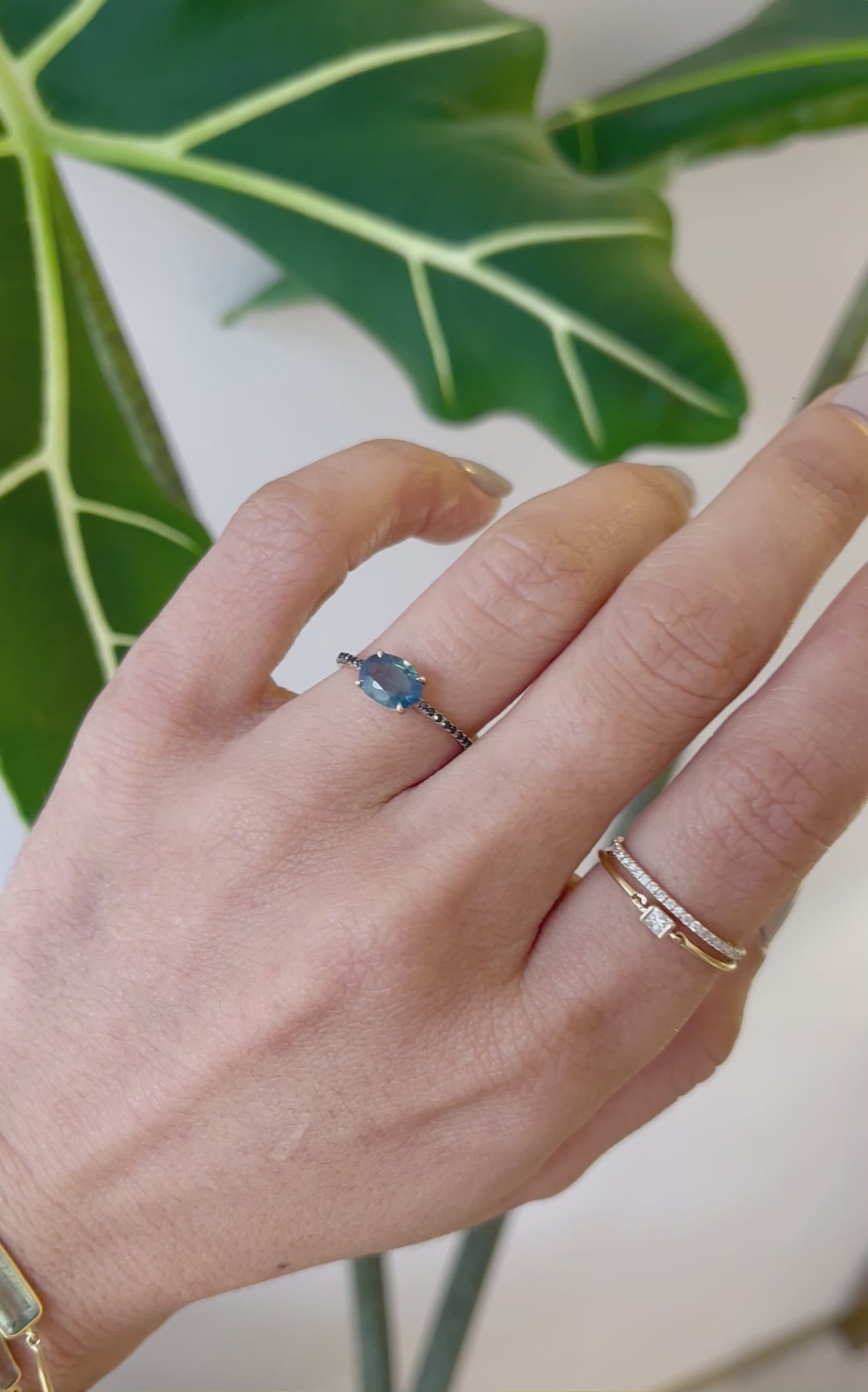 Opalescent Green Sapphire & Black Diamond Forever Ring 18k gold engagement ring on model