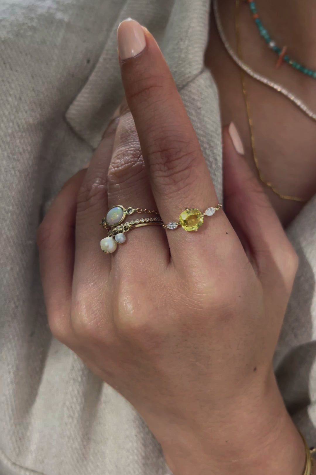 Yellow Sapphire & Diamond Dream Weaver Chain Ring 18k gold Stackable ring on model 1