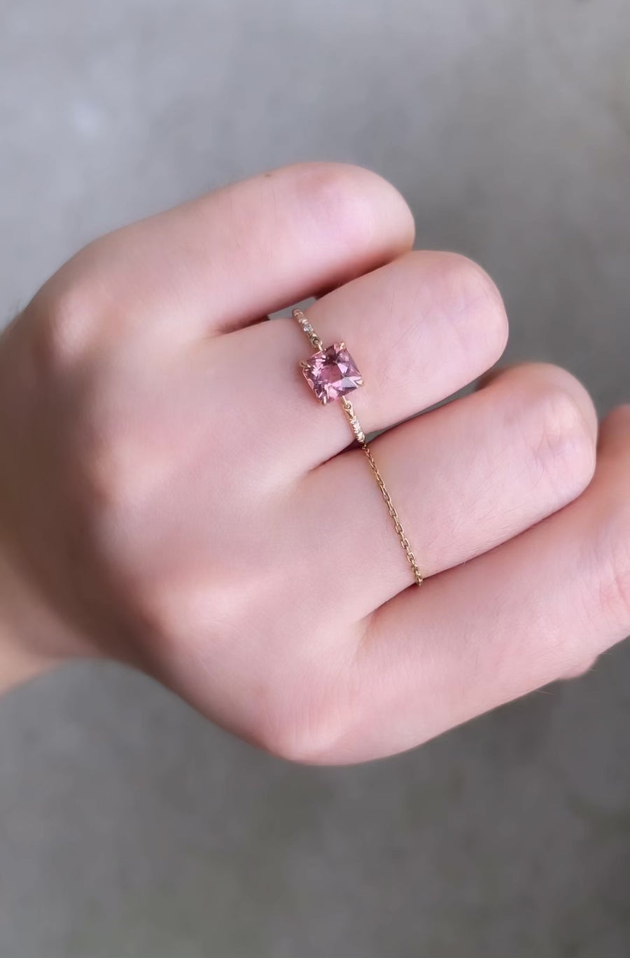 French cut Pink Tourmaline petite circle diamond ring