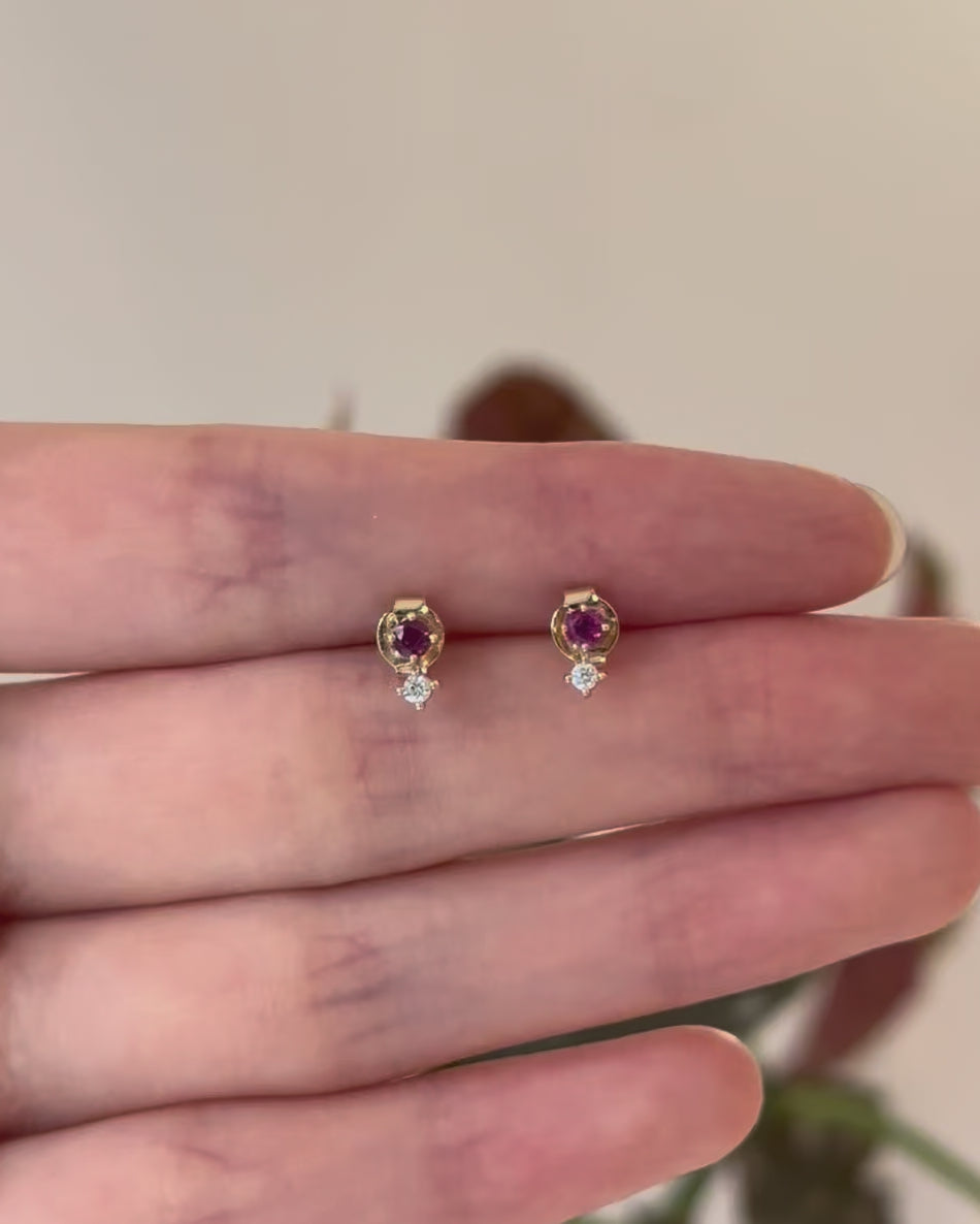 Ruby_Diamond_Dot_Studs_Pairs_18K_gold_handmade_fine_jewelry_on_model_video