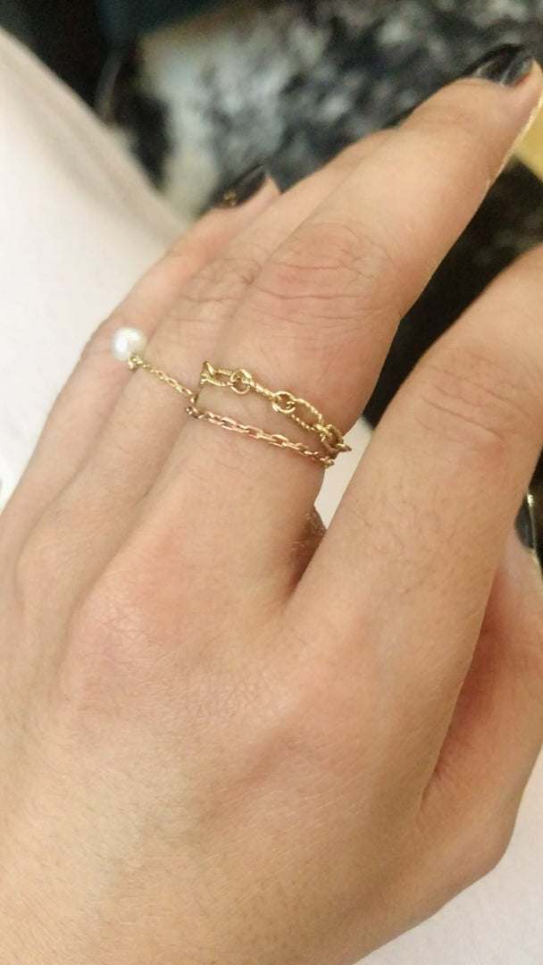 Hand Twisted Chain Ring 14k gold Stackable ring on model