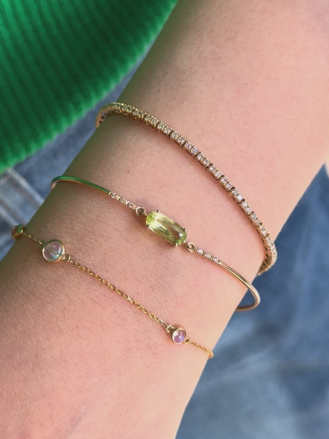 Yellow Chrysoberyl & Diamond Bangle 8k gold stackable design
