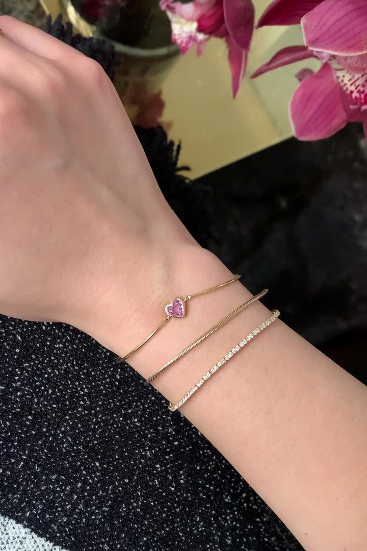 Pink Sapphire Heart Bangle 18k gold Stackable design