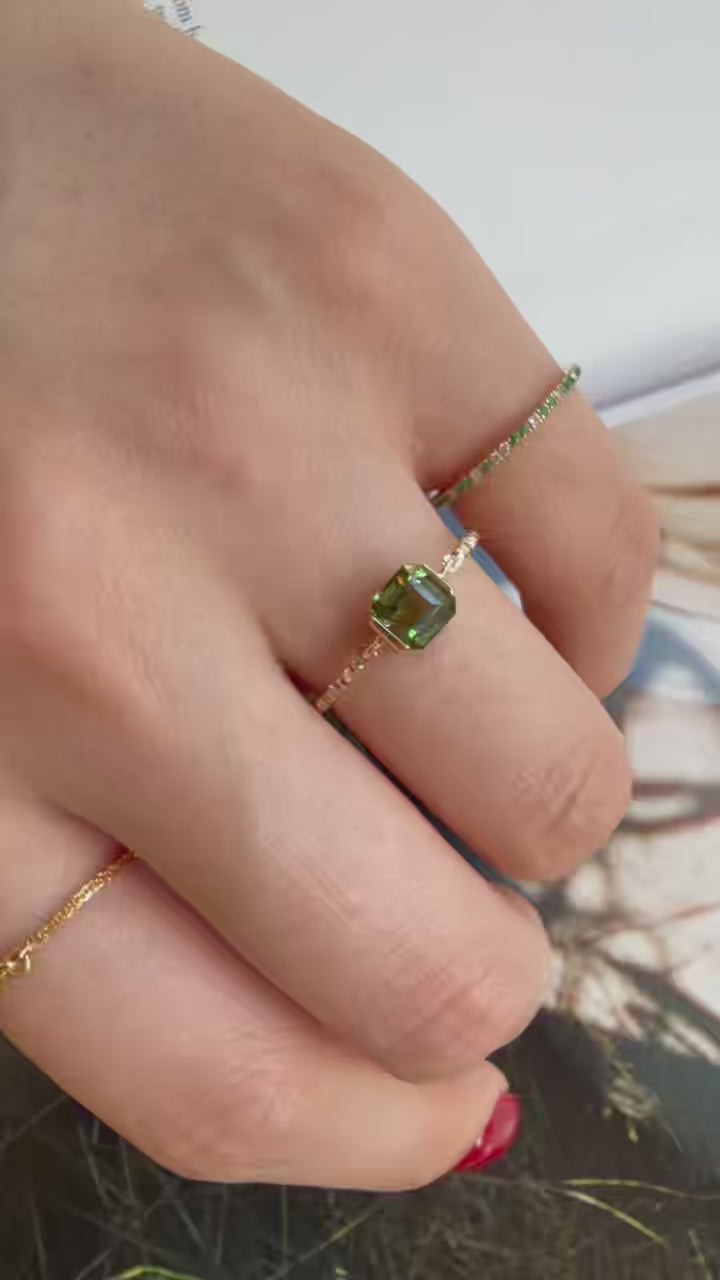 Green Tourmaline Petite Circle Diamond Ring 14k gold stackable ring 1 on model