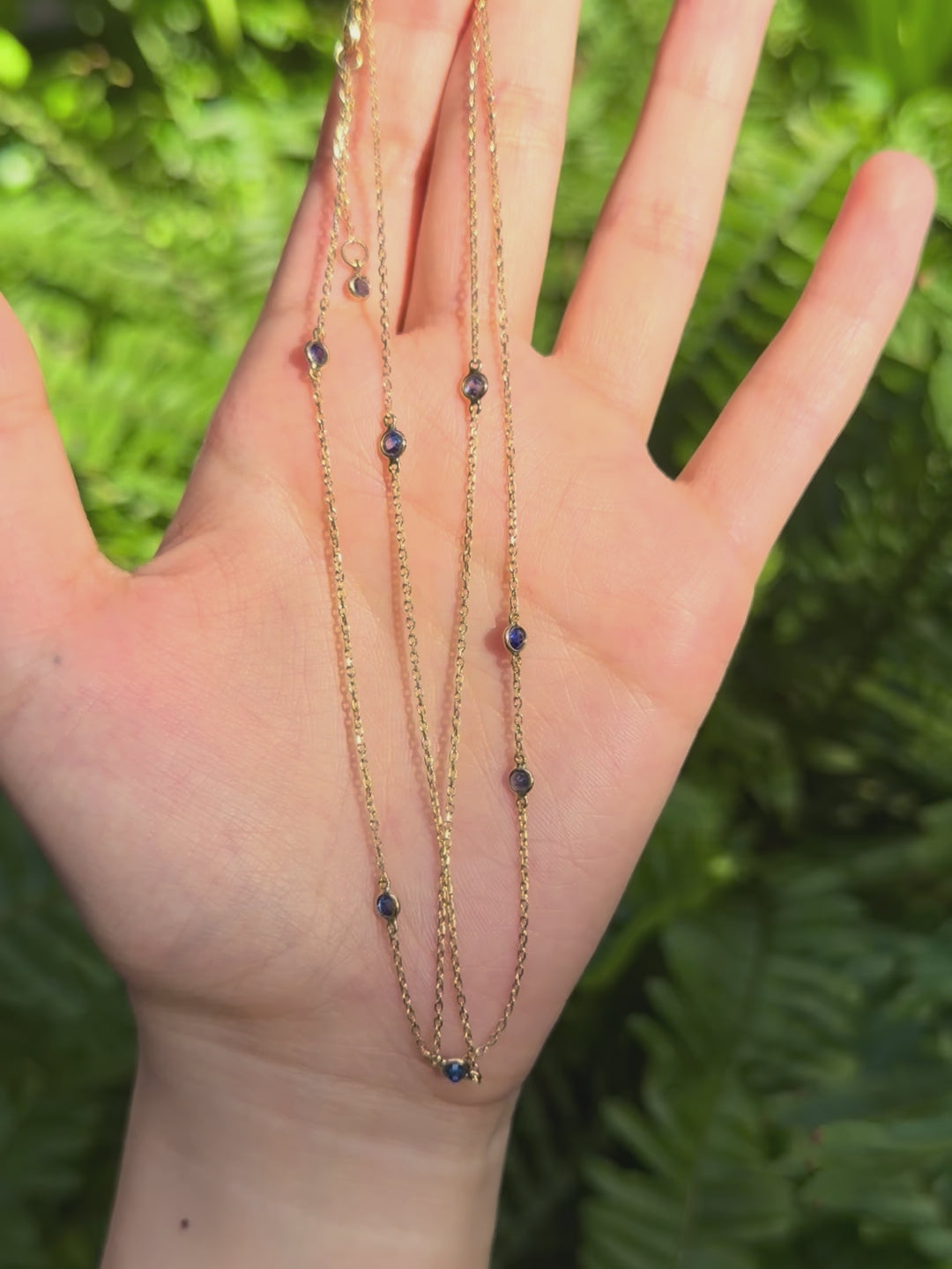 Long Sapphire Dot Necklace 18k gold Handmade fine jewelry on model