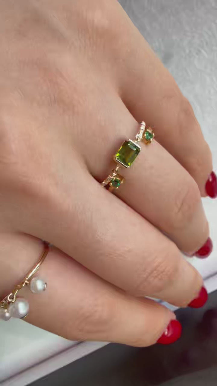 Green Tourmaline Petite Circle Diamond Ring 14k gold stackable ring 2 on model