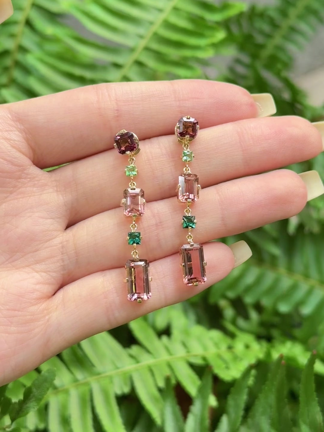 Pink Tourmaline & Indicolite Cascade Bar Earrings 18k gold Handmade fine jewelry