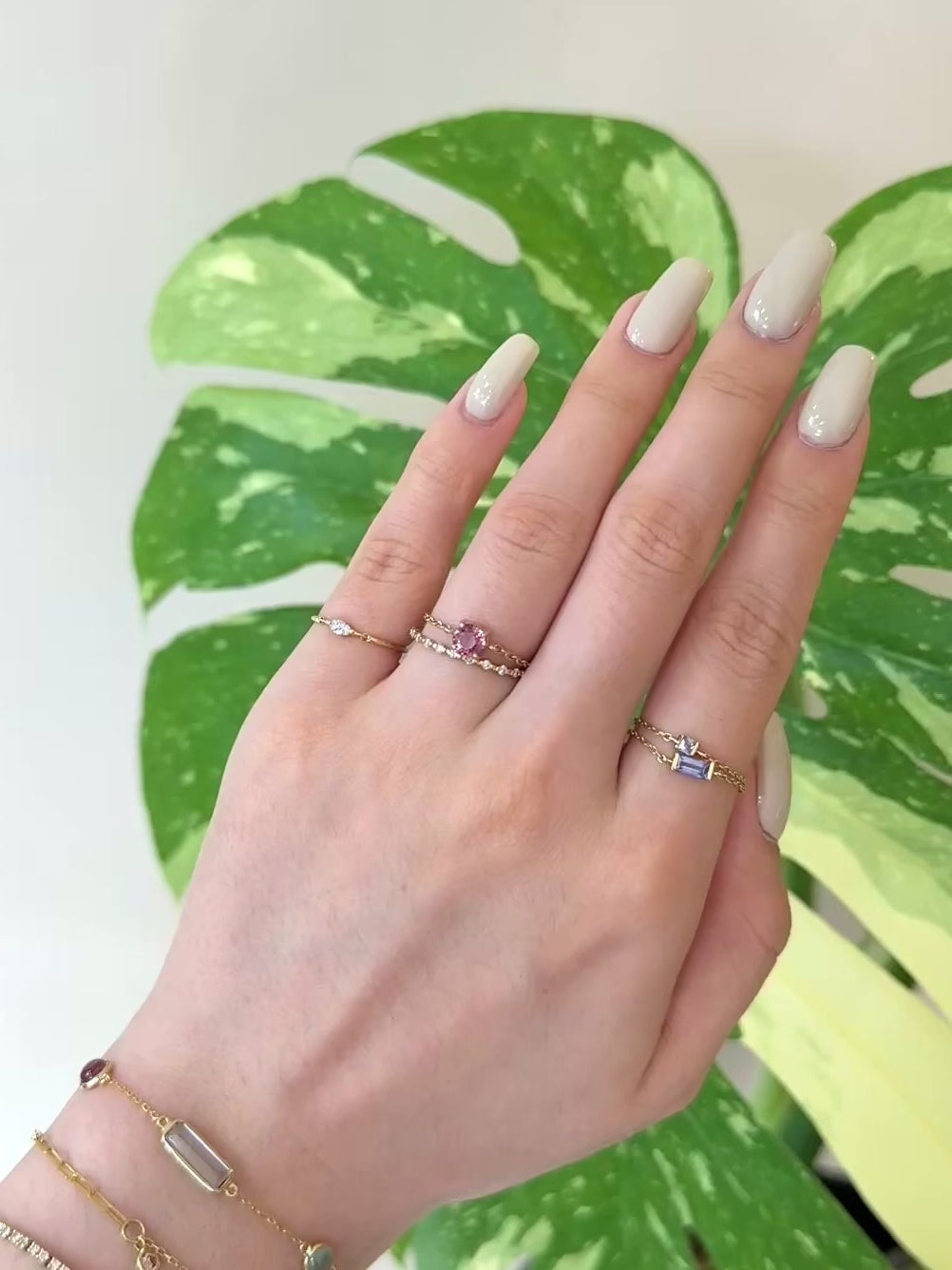 Raspberry Tourmaline Chain Ring 14k gold Stackable ring