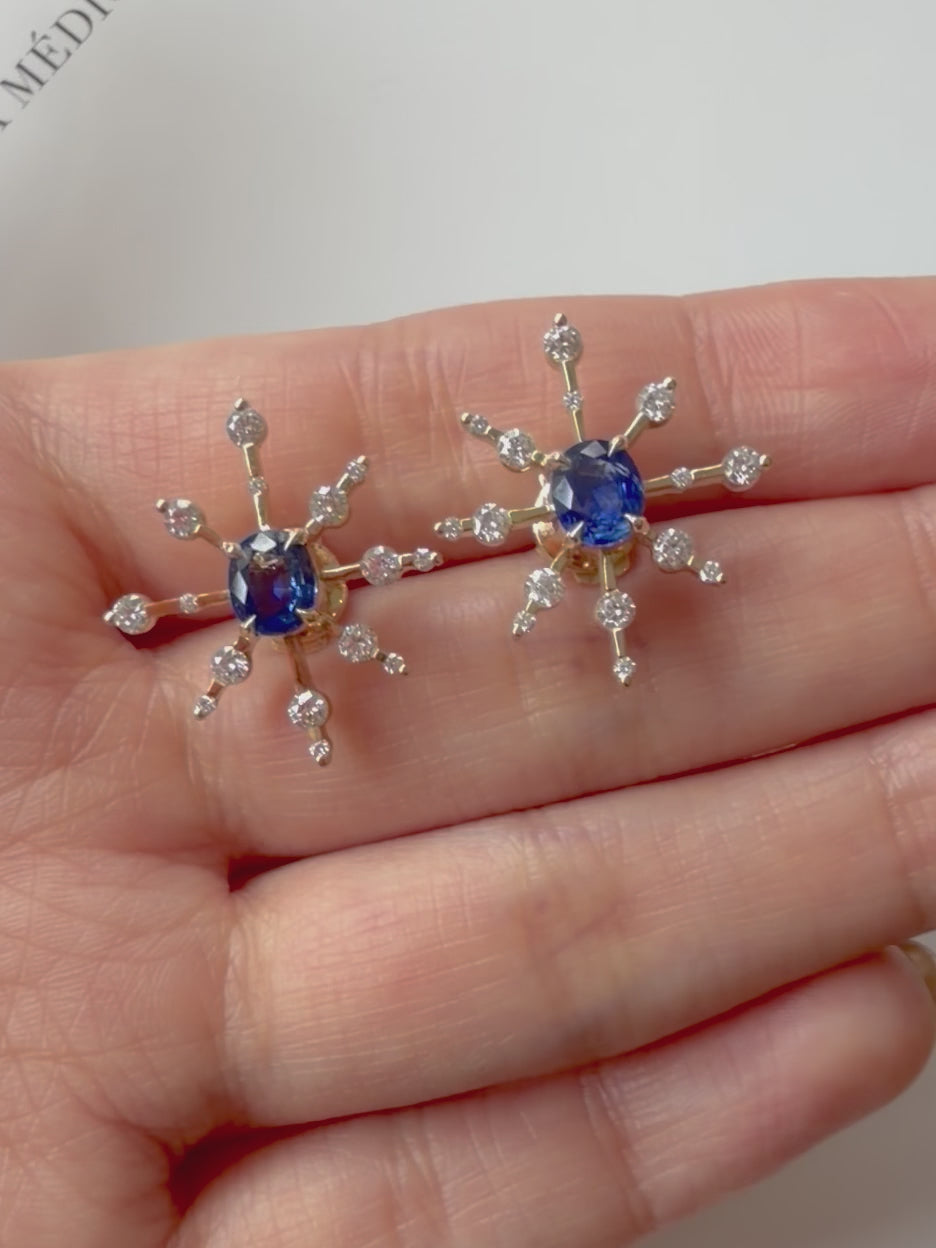 Blue Sapphire Starburst Earrings 18k gold stackable design