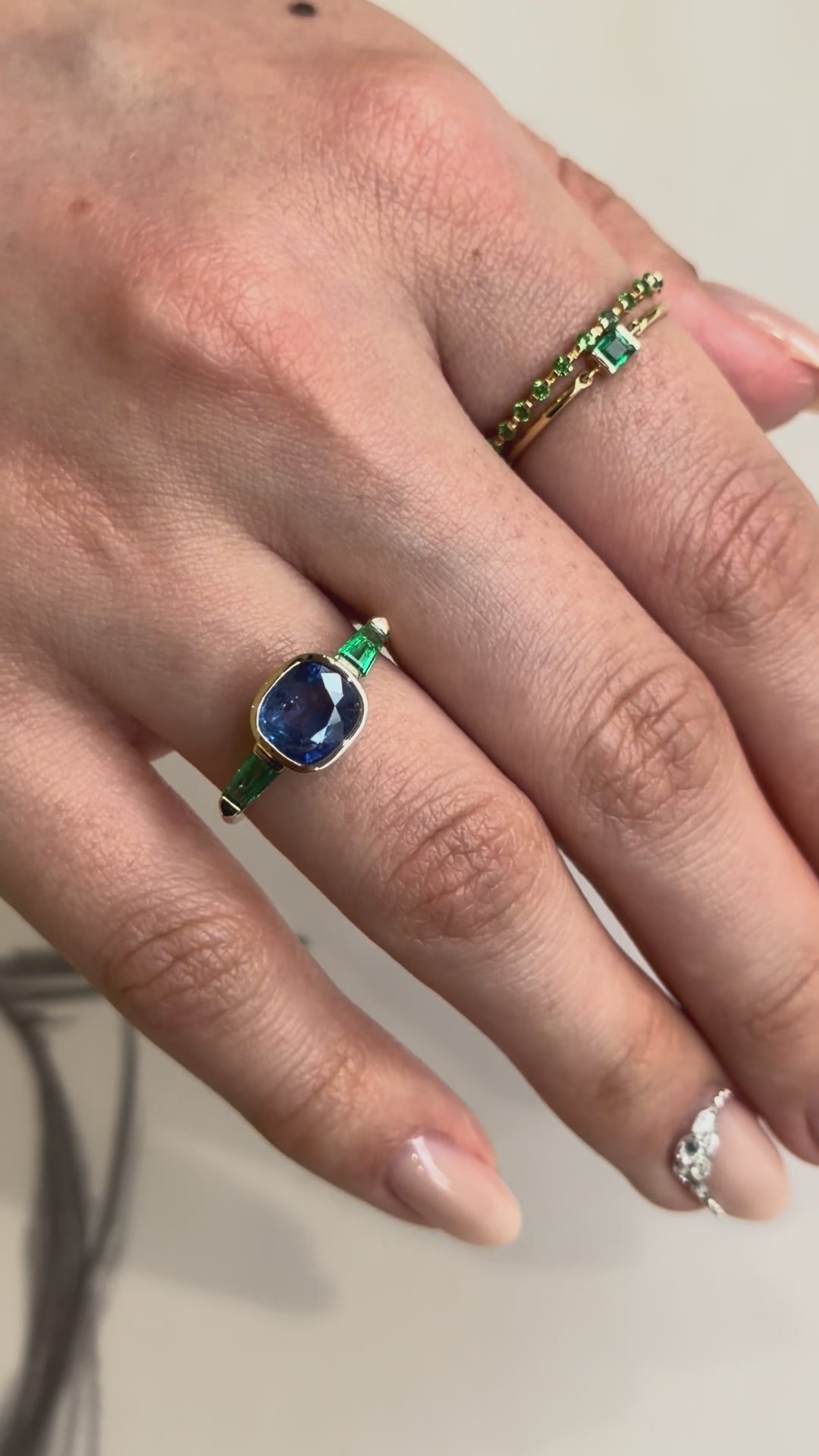 Sapphire & Emerald Triplet Ring 18k gold engagement ring 