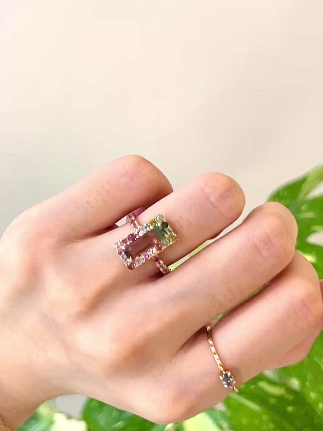 Watermelon Tourmaline Candy Ring 18k gold engagement ring on model