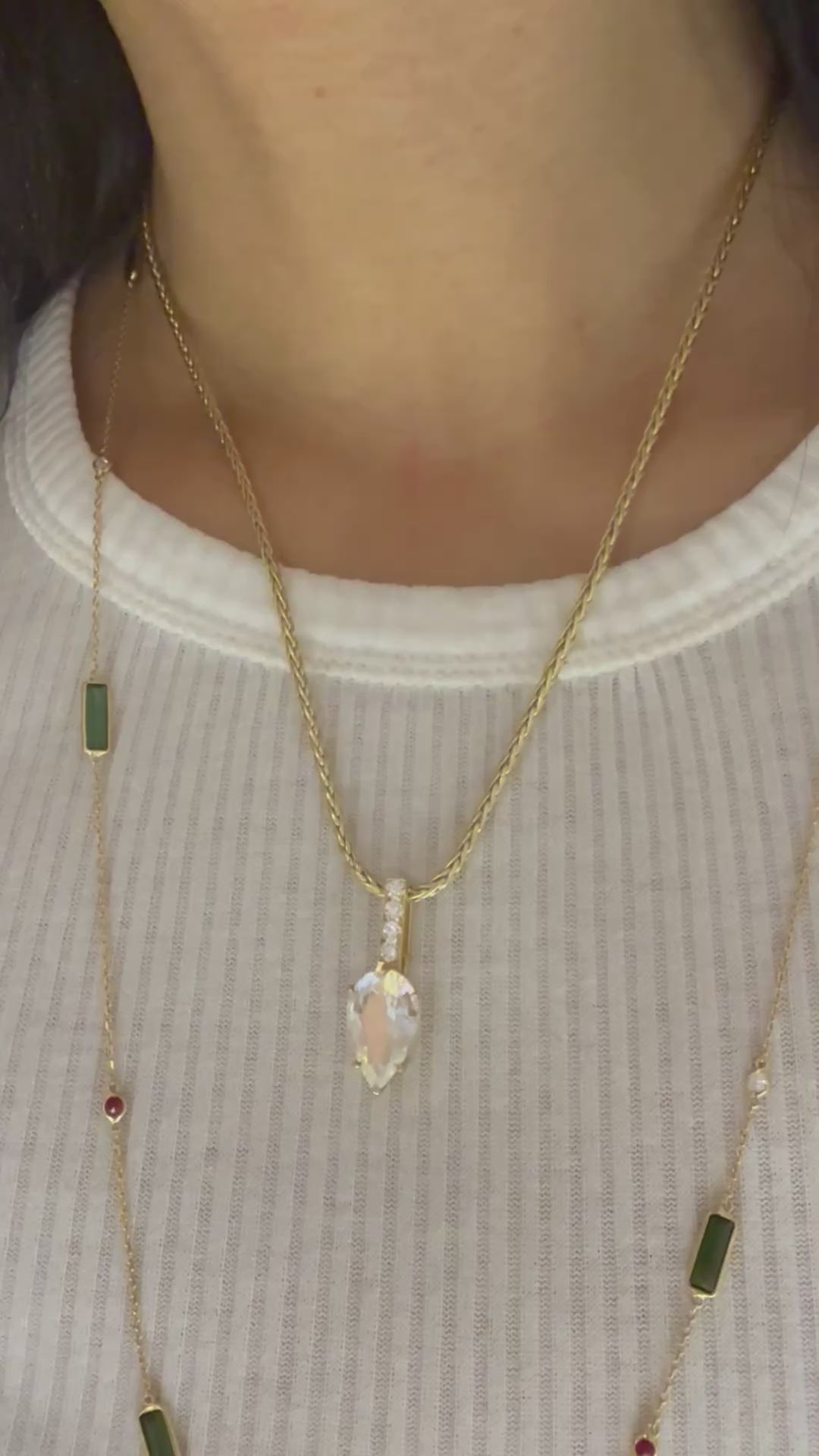 Rainbow Moonstone & Diamond Dewdrop Supreme Pendant Necklace