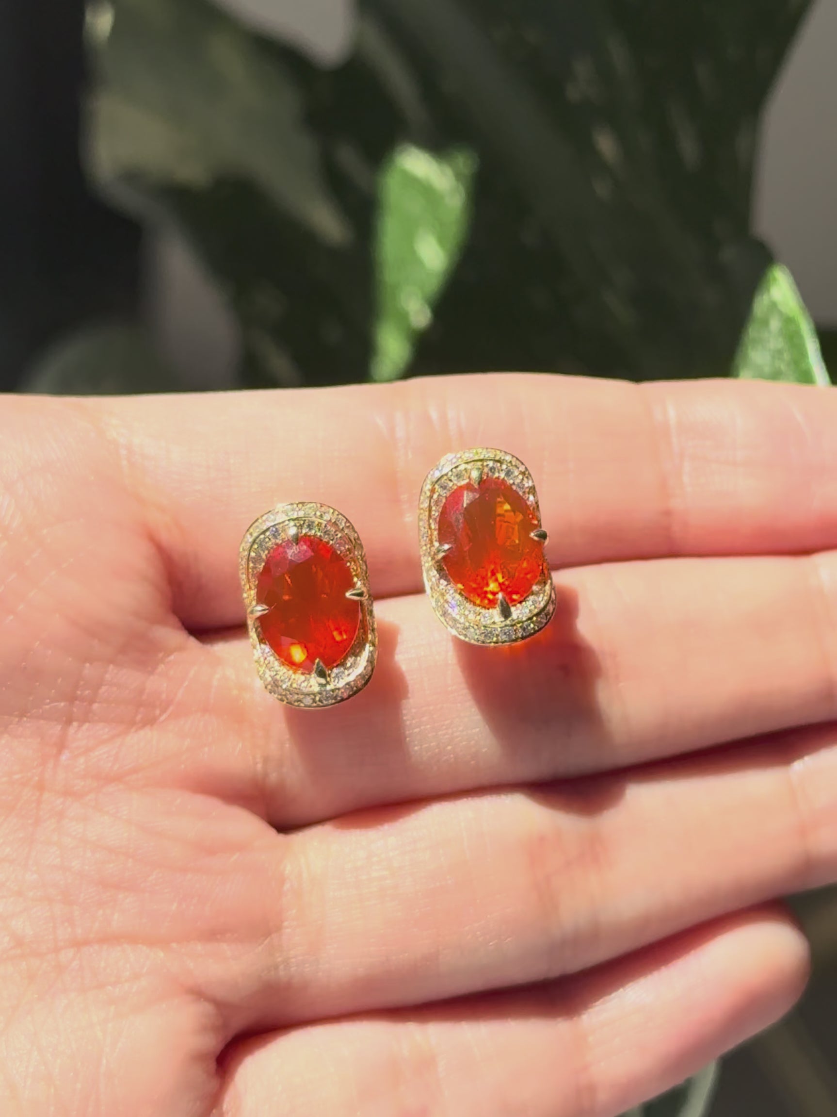 Fire Opal Aurora Earring 18k gold Handmade fine jewelry on model