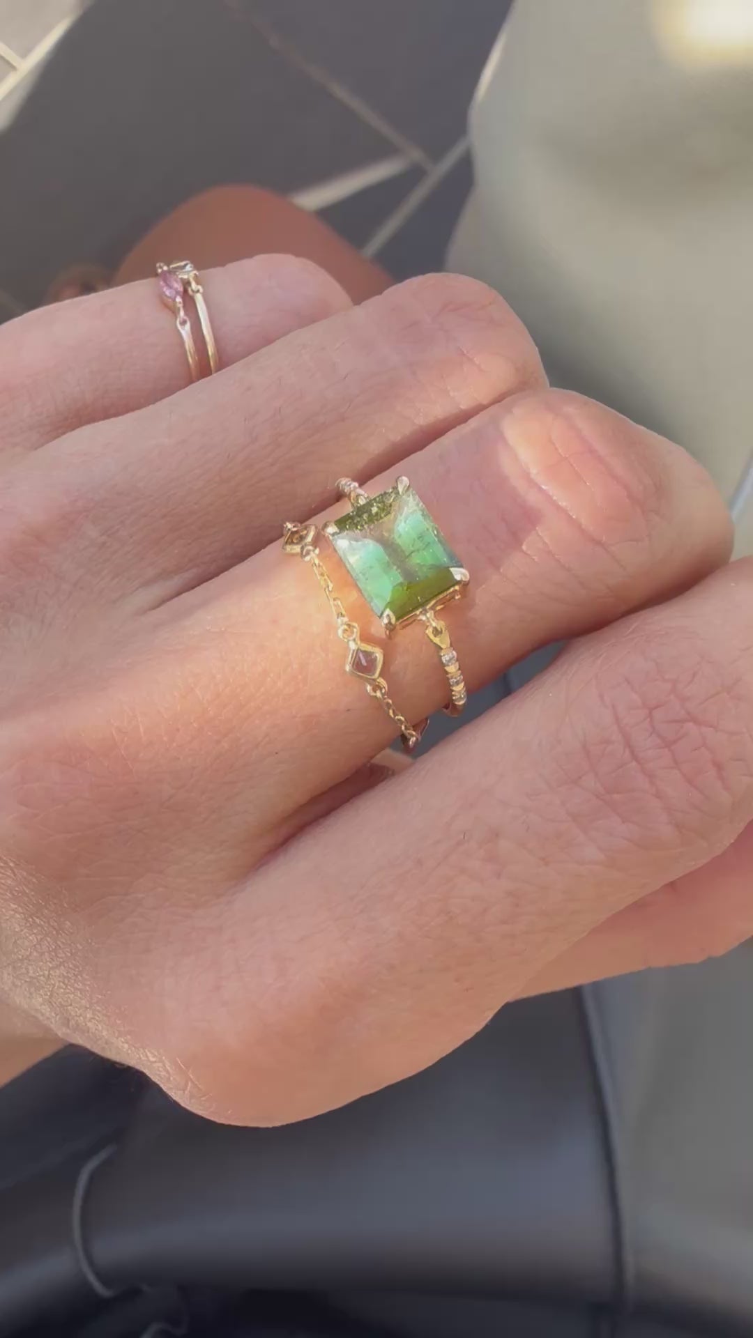 Lime Watermelon Tourmaline Petite Circle Diamond Ring 18K gold stackable ring video