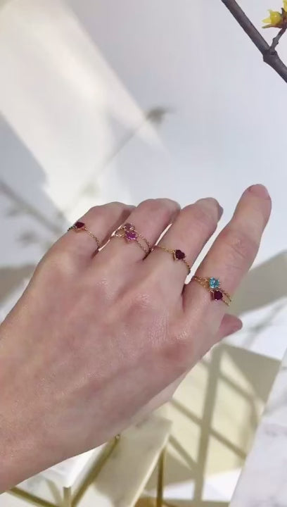Blue Topaz Heart Chain Ring 14k gold Stackable ring on model 