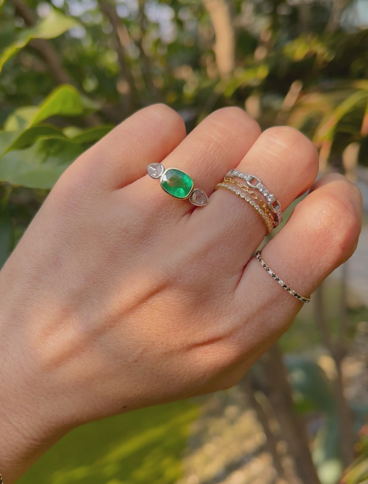 Emerald & Rose Cut Diamond Ring