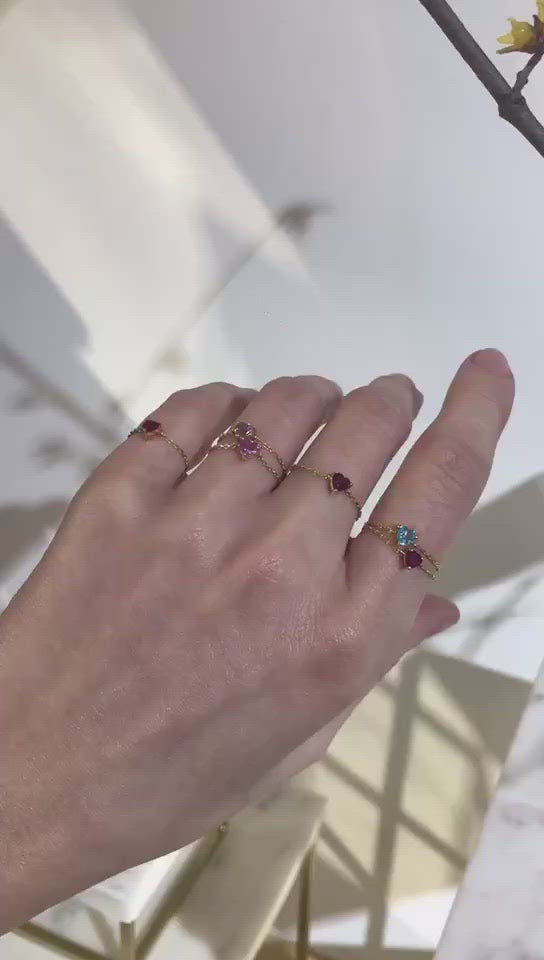 Pink Sapphire Heart Chain Ring 14k gold Stackable ring on model