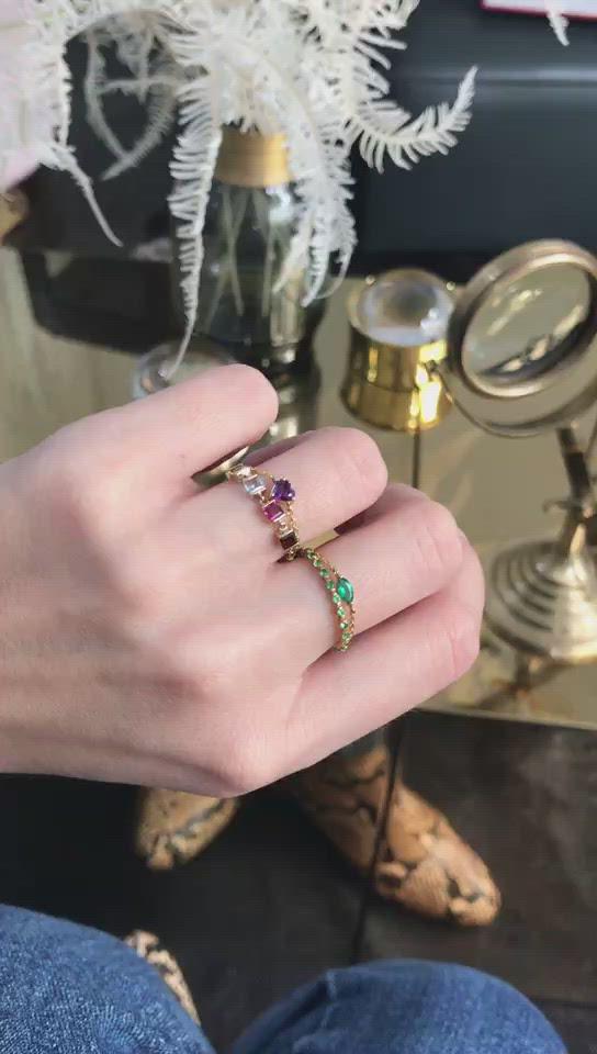 Purple Amethyst Heart Chain Ring 14k gold Stackable ring on model