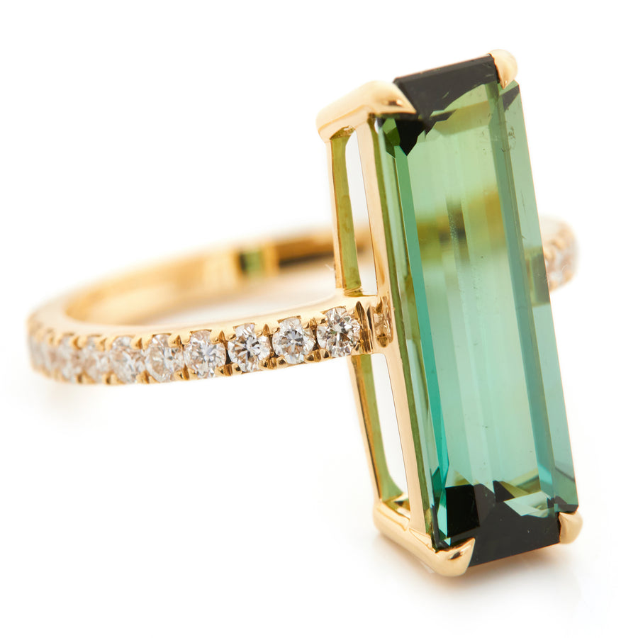 Green Tourmaline & Diamond Bar Ring