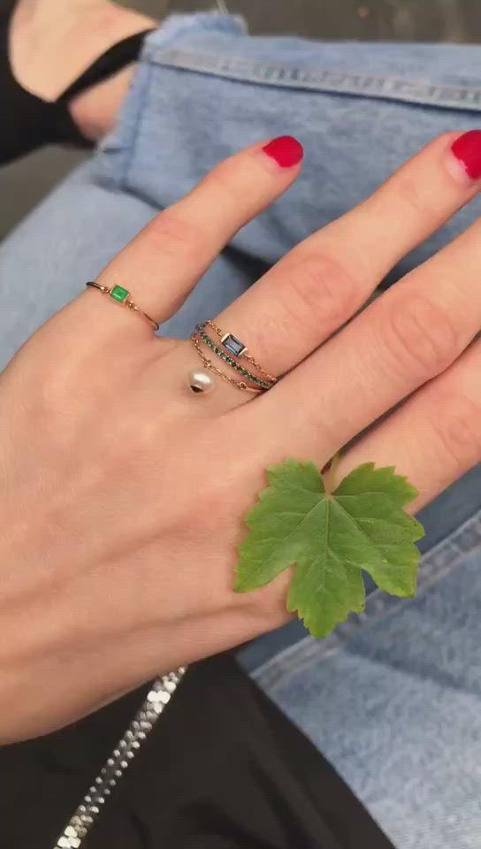 Pearl Half Chain Ring 14k gold Stackable ring on model