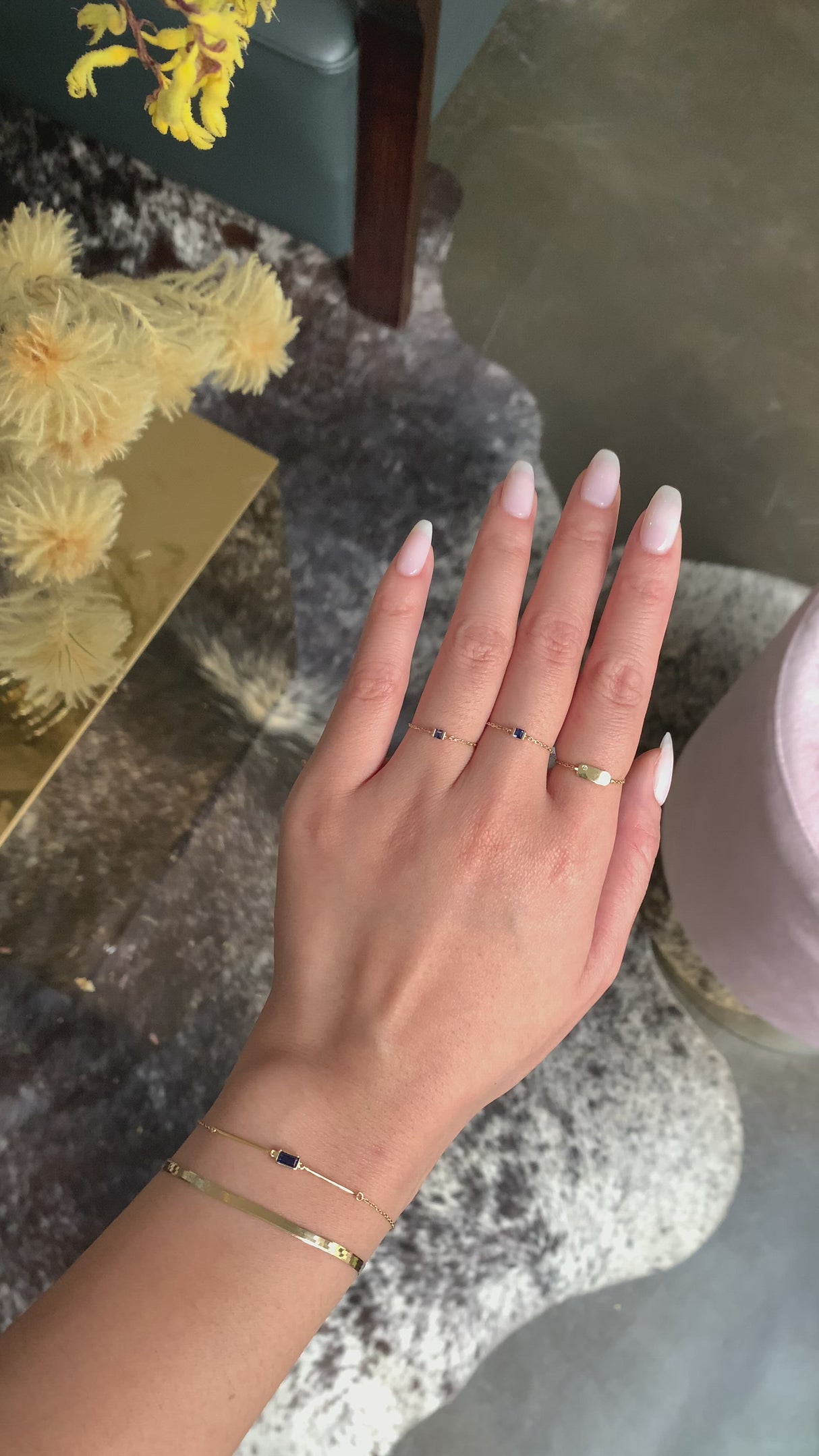 Sapphire Petite Chain Ring 14k gold Stackable ring on model