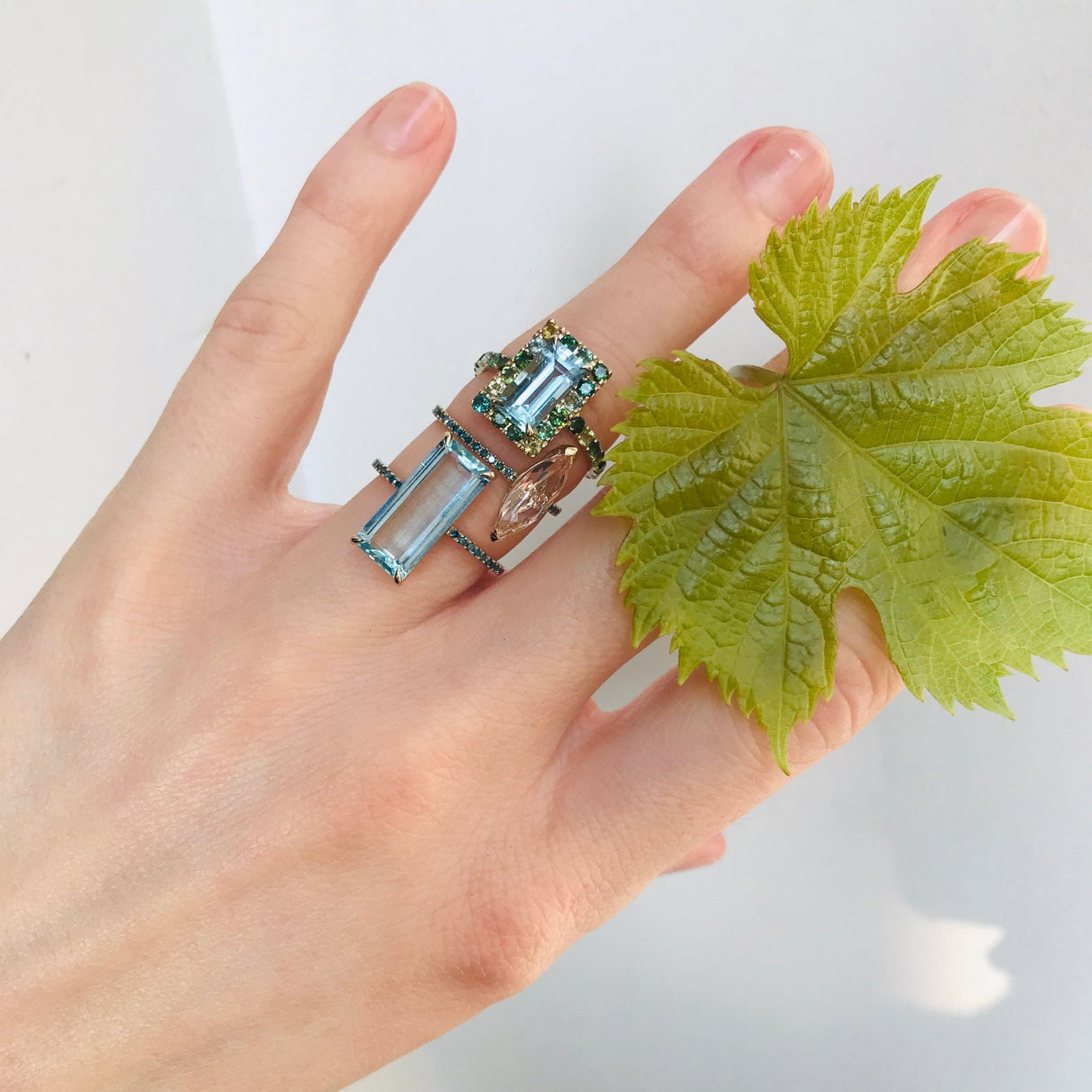 Aquamarine & Green Tourmaline Candy Ring 18k gold stackable ring on model