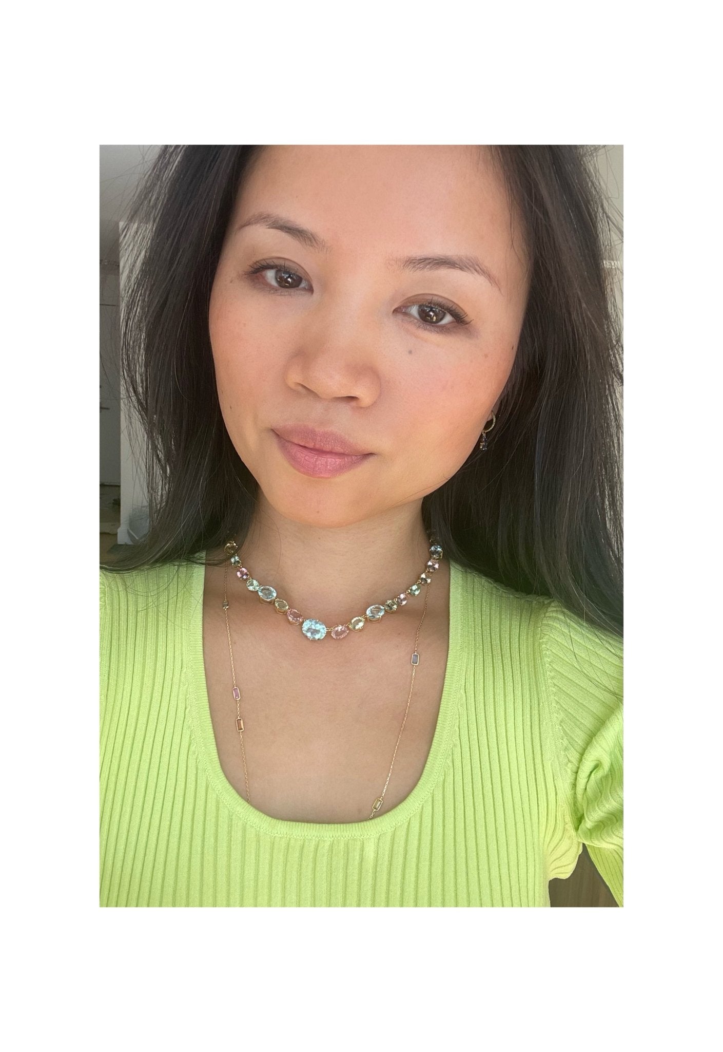 Aquamarine & Tourmaline Candy handmade Necklace in 18k gold on model