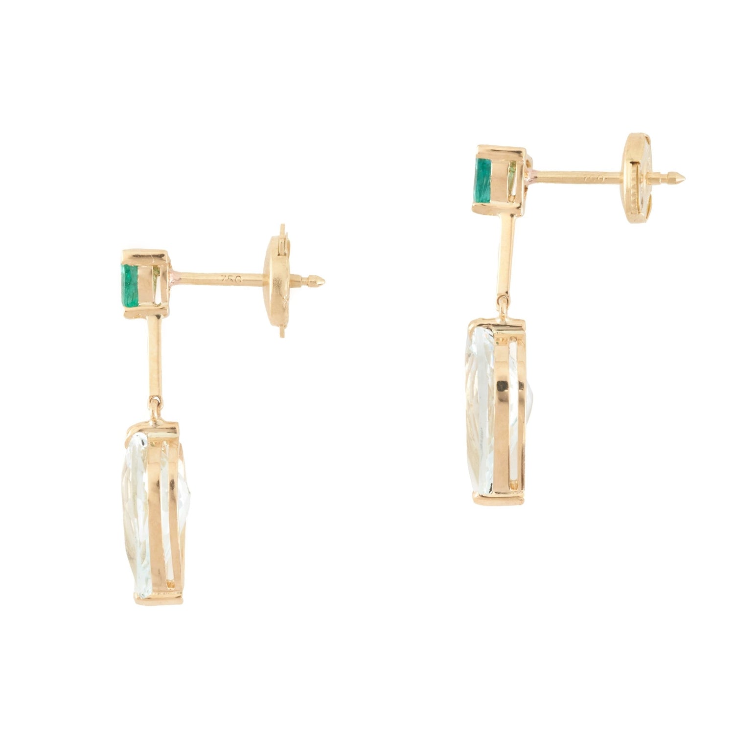 A pair of dangle earrings featuring vivid green tsavorite garnet at the top and clear Aquamarine stones in a teardrop shape at the bottom, set in gold mounting. Handmade by female artisans with sustainably mined gemstones 