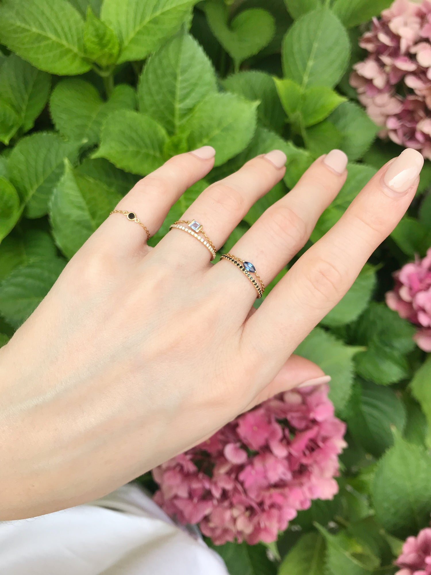 Black Diamond Reverse Set Chain Ring 14k gold Stackable ring on model