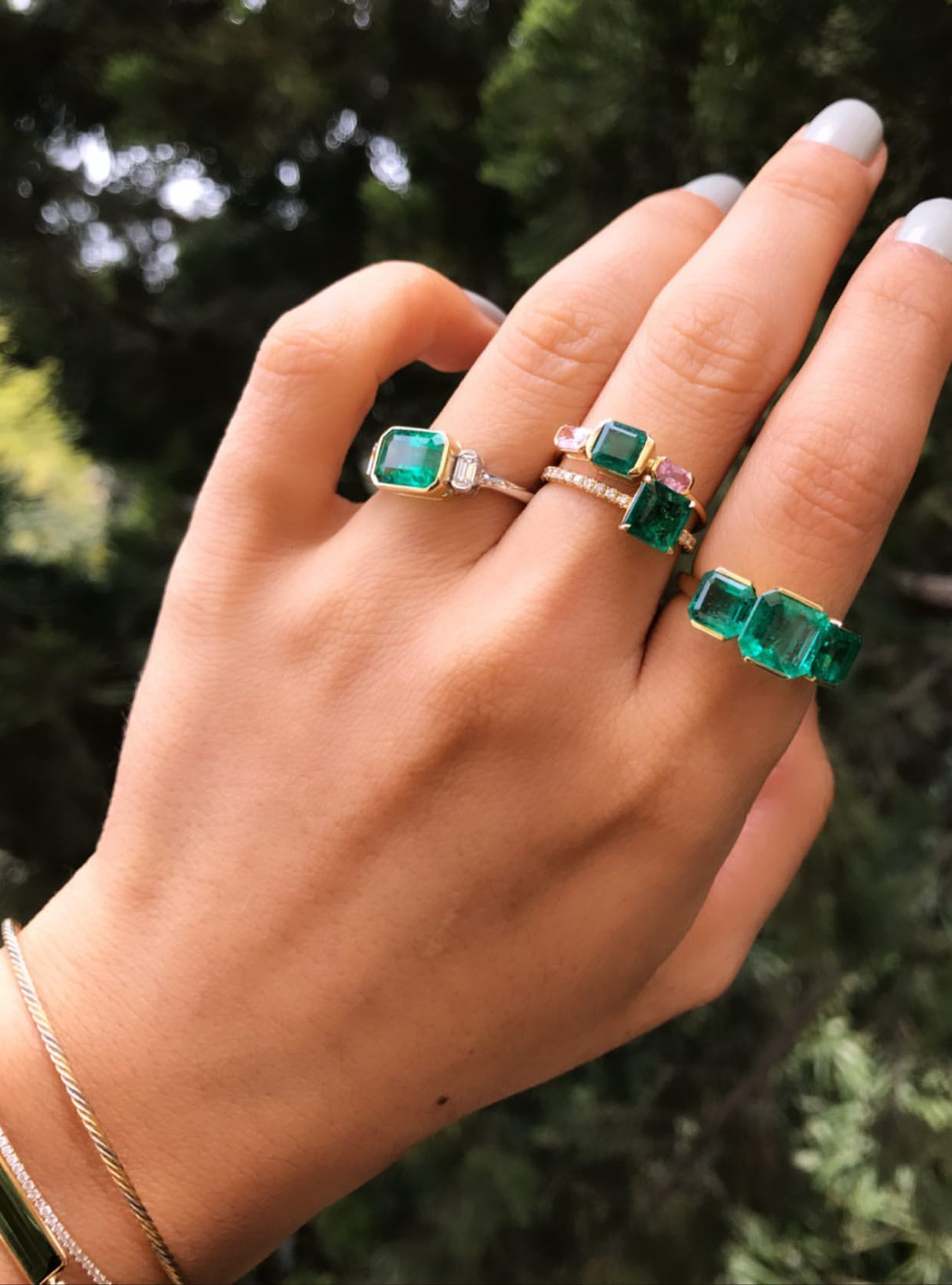 Emerald & Pink Sapphire Triplet Ring 18k gold stackable ring on model