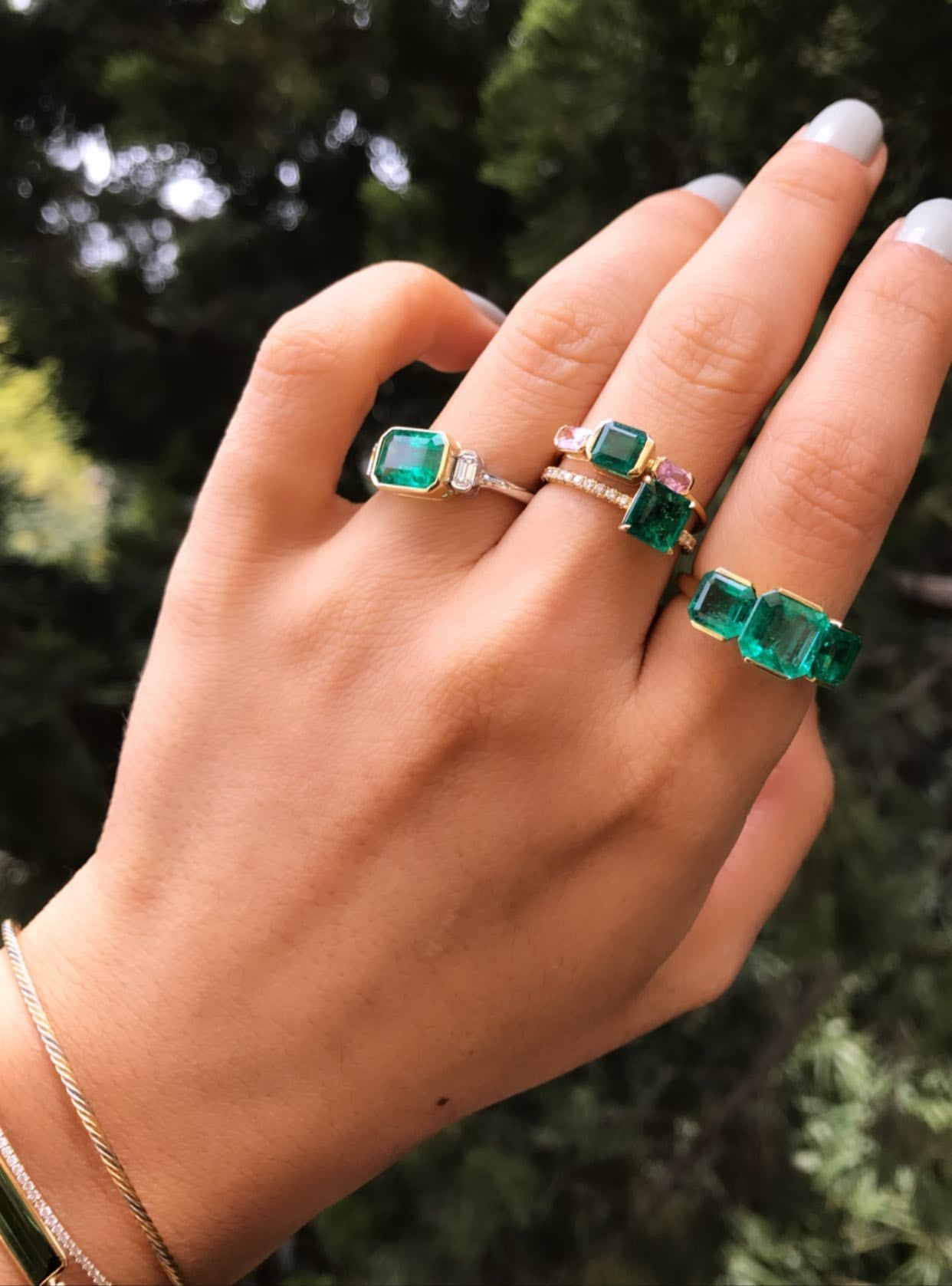 Emerald & Pink Sapphire Triplet Ring 18k gold stackable ring on model