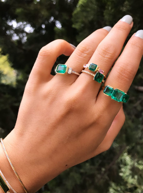 Emerald & Pink Sapphire Triplet Ring 18k gold stackable ring on model