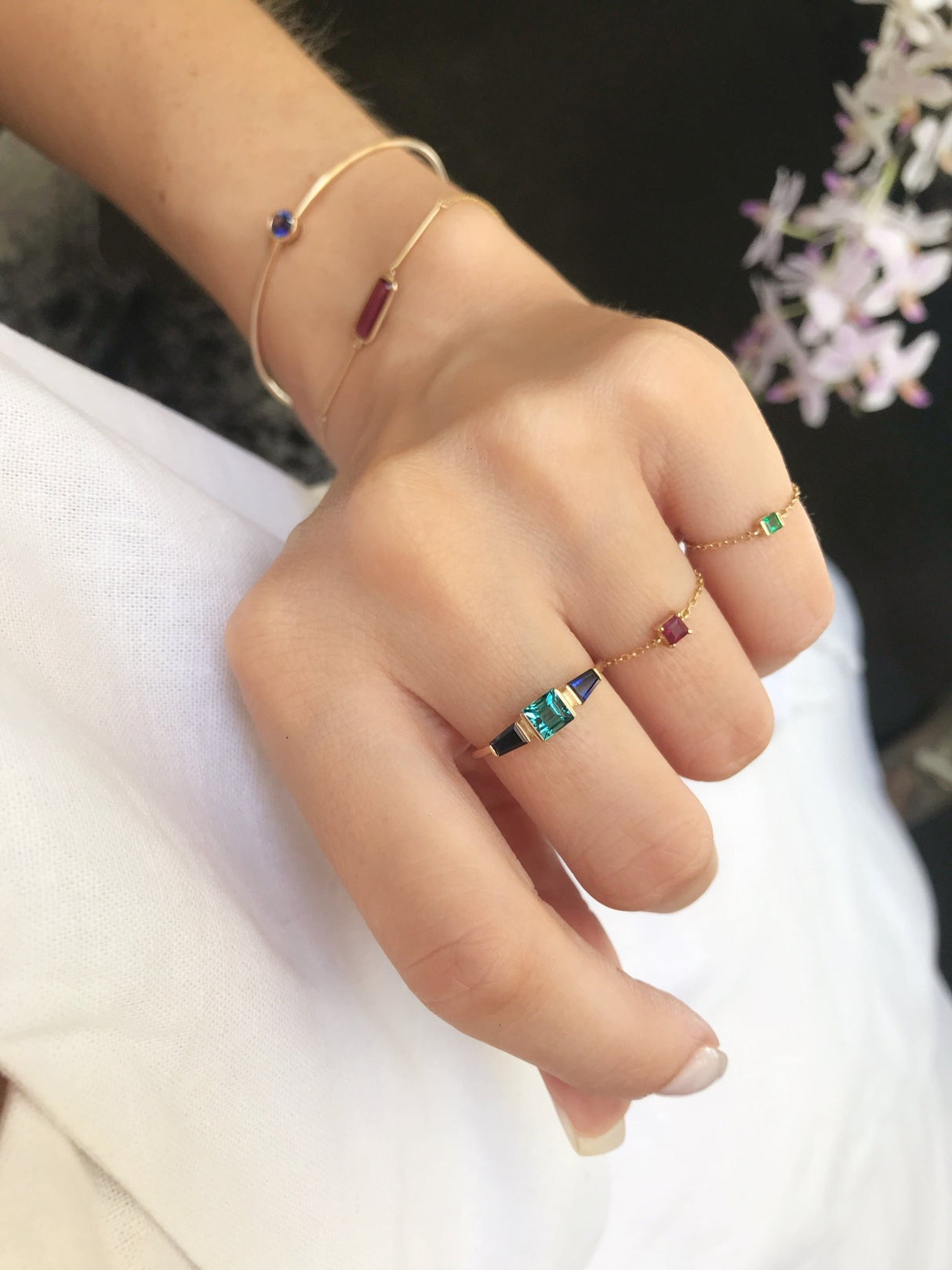 Indicolite Tourmaline & Sapphire Triplet Ring 18k gold stackable ring on model 2