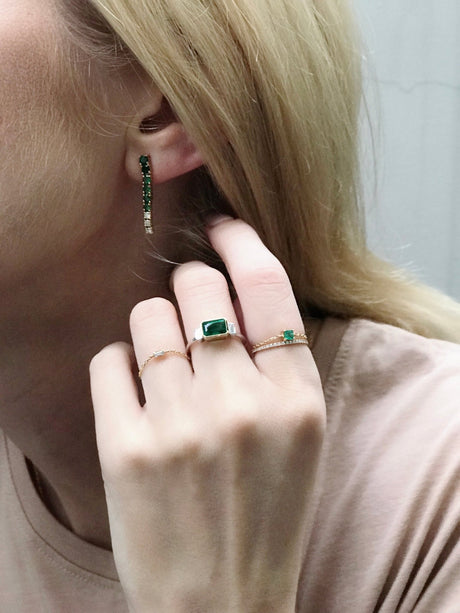 Petite Diamond Baguette Chain Ring 14k gold Stackable ring on model