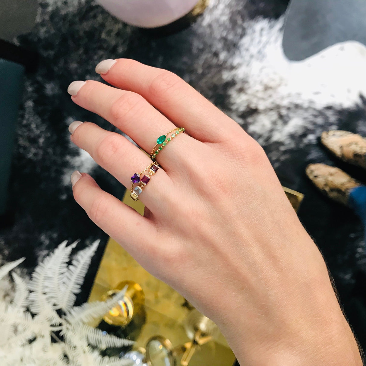 Purple Amethyst Heart Chain Ring 14k gold Stackable ring on model