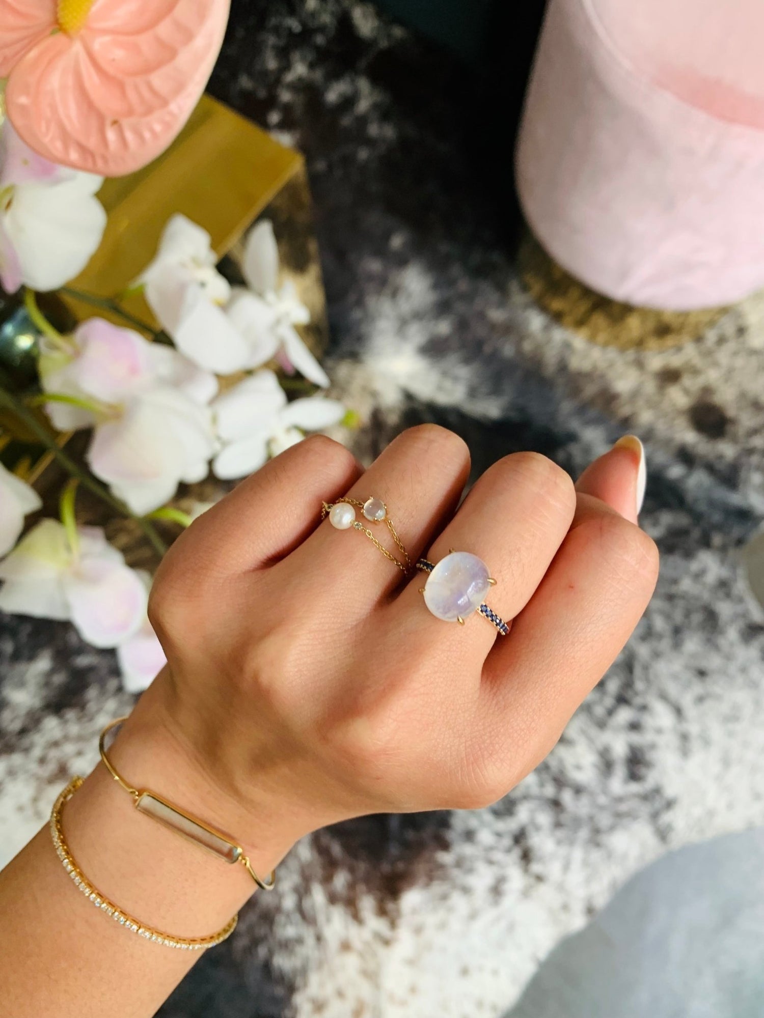 Rainbow Moonstone & Sapphire Globe Ring 9k gold stackable ring on model 2